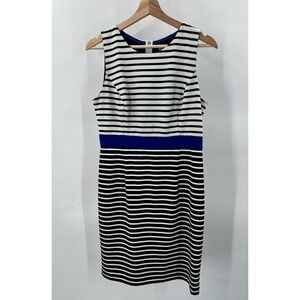 Eliza J Womens 10P Sleeveless Striped Dress Cream/Black/Blue Stretch Zip Closure